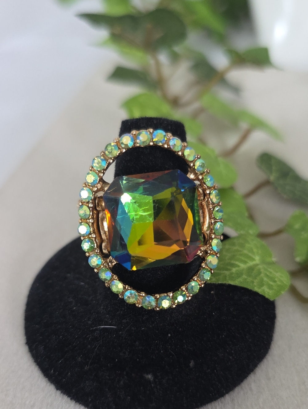 Statement Iridescent Crystal Halo Stretch Ring Gold Tone Glam